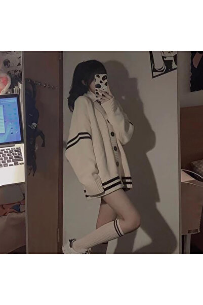 Choice كنزة نسائية بيج كاجوال مقاس واحد، مناسبة لفصلي الربيع والخريف، مخططة على الطريقة الكورية، بأكمام طويلة وأزرار، فضفاضة، مقاس صغير (S)