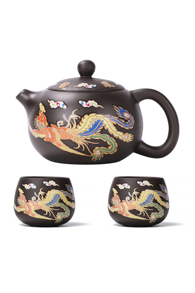 Choice5 Suit 2 Hand-made Drag Phoenixs Color-changing Purple Clay Teapot Anti...