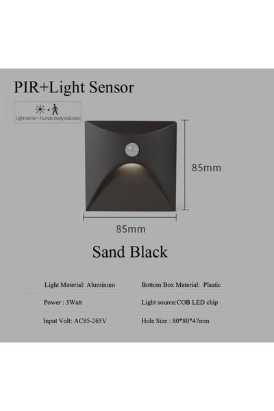 Choice مصباح جداري LED مربع الشكل أسود اللون، بقوة 3 واط، أبيض دافئ 3000 كلفن، مزود بمستشعر حركة PIR، مناسب للسلالم والممرات.