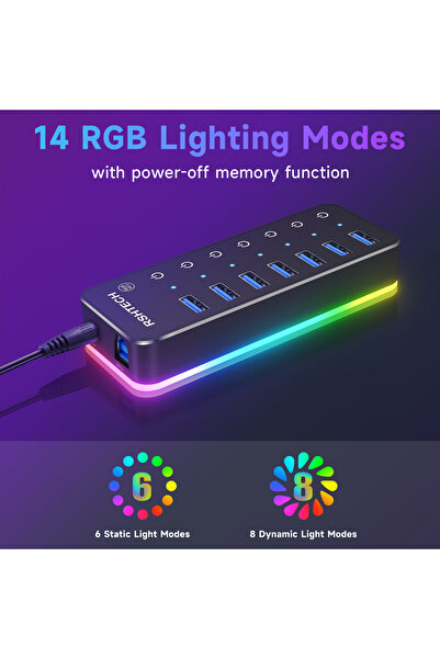 Choice EU Plug Adapter RSHTECH RGB USB 3.0 Hub with 7Port 5Gbps Data Transfer Splitter and 14 Lighting Mode
