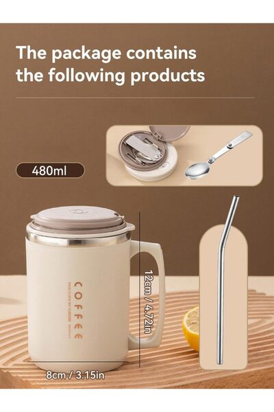 WORTHBUY 401-500ml Beige Double-layer Coffee Cup With Spoon&Straw Milk Coffee Mug Portable Insulated