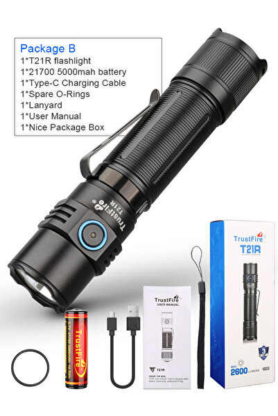 Choice مصباح يدوي تكتيكي T21R أسود اللون بضبط بؤري ثابت يعمل ببطارية 21700، مزود ببطارية 21700، وقوة إضاءة 2600 لومن، ومنفذ USB من النوع C.