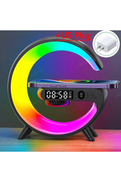 Vikefon أسود اللون مع قابس أمريكي، قاعدة شحن لاسلكية متعددة الوظائف، حامل، مكبر صوت، مصباح ليلي RGB، 15 واط، شحن سريع