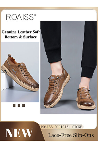 ROAISS Men's Casual Leather Shoes Retro Low-Top Oxfords Mens Round Toe Low He...