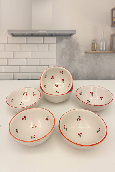 Mudi Dekor 6’lı El Yapımı Kiraz Desenli Seramik Kase Seti – Çerezlik, Sosluk ...