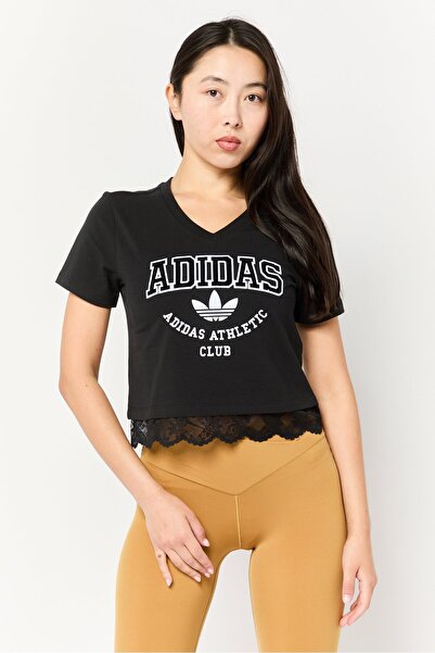 adidas Women Sportswear Fit Short Sleeve Crop Lace Trim Top, Black