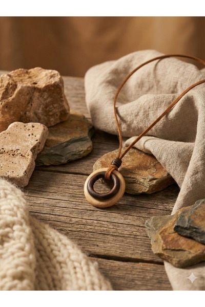 Canan Design Bohem Double Ring Wooden Suede Cord Ayd Necklace - Taba