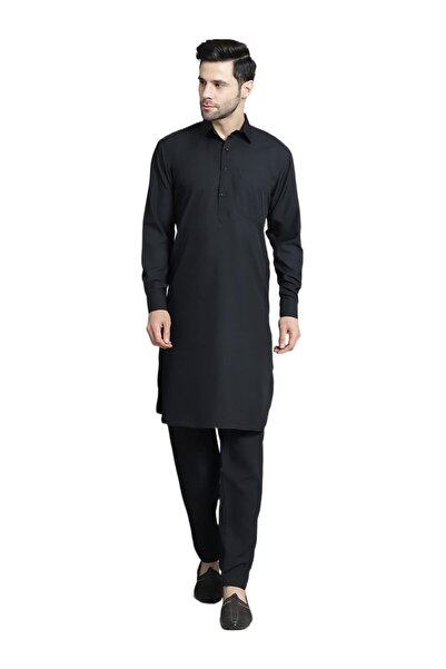 Generic unstitch Men's Solid Black Pathani Kurta with Salwar