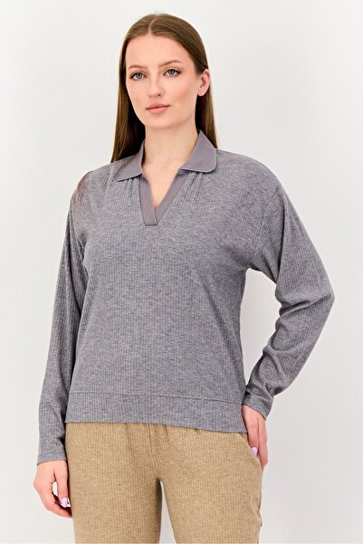 London Fog Women Spread Collar Long Sleeve Ribbed Sleepwear Top, Grey
