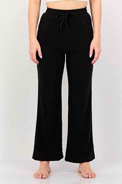 London Fog Women Regular Fit Ribbed Sleepwear Bottom, Black