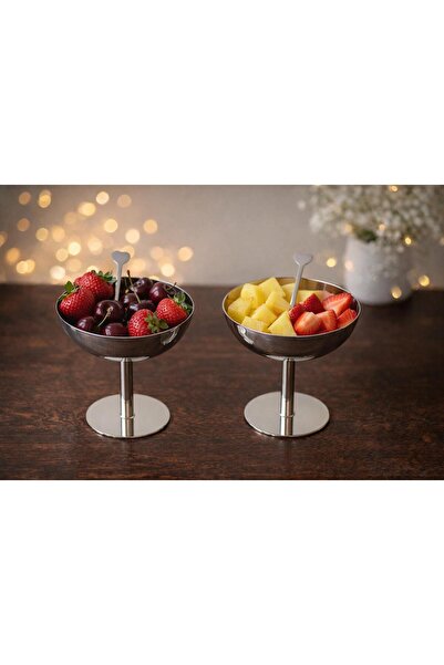 ADAEVDE 2 Lİ Gümüş Ayaklı Dondurma Kasesi , Paslanmaz Çelik ,Kokteyl Kasesi ,Meyve Kasesi ve Tatlı Sunum