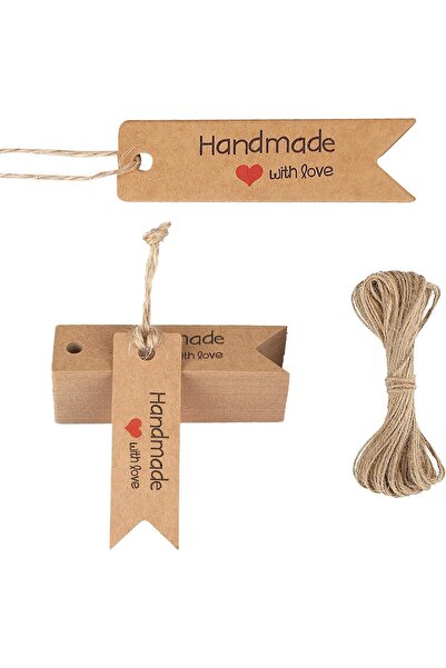 naturevo Handmade With Love Etiketi 2x7 cm – 100 Adet Kraft Etiket + 20 Metre...