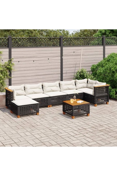 vidaxl طقم كنب حديقة مكون من 8 قطع مع وسائد، مصنوع من خشب الروطان الصناعي الأسود