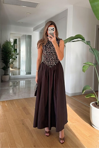 My Blog Rochie din tafta cu paiete cu fustă maro - 101032