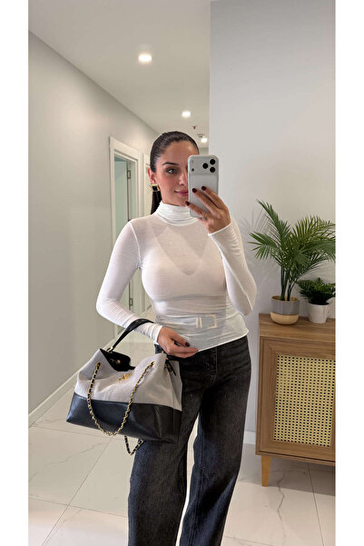 BİRCANÇİL Zr Fino White Sheer Turtleneck Blouse