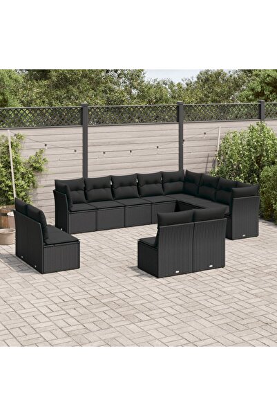 vidaxl طقم أريكة حديقة مكون من 12 قطعة مع وسائد، مصنوع من خشب الروطان الأسود.