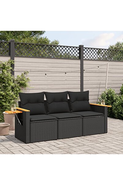 vidaxl طقم أريكة حديقة من 3 قطع مع وسائد، مصنوع من خشب الروطان الصناعي الأسود