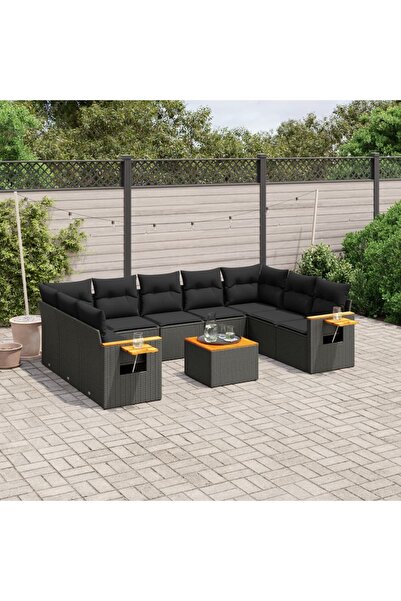 vidaxl طقم أريكة حديقة مكون من 10 قطع مع وسائد، مصنوع من خشب الروطان الصناعي ...