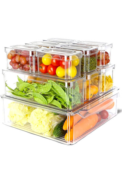 Pomefar منظم ثلاجة مكون من 10 قطع، صندوق تخزين للثلاجة مع غطاء للفواكه والخضراوات