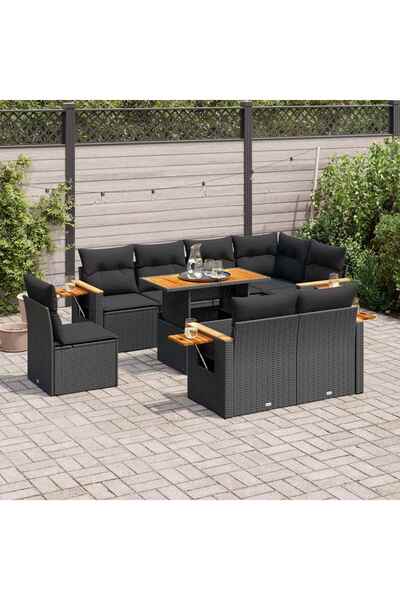 vidaxl طقم أريكة حديقة مكون من 9 قطع مع وسائد، مصنوع من البولي راتان الأسود و...