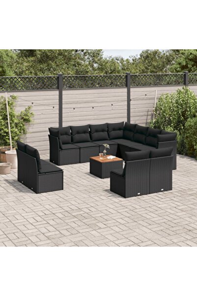 vidaxl طقم أريكة حديقة مكون من 12 قطعة مع وسائد، مصنوع من خشب الروطان الأسود.