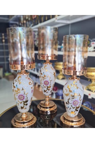 CENGİZ ÇEYİZ Metal 3'lü Ayaklı Yaldızlı Cam Şamdan Mumluk 1001C