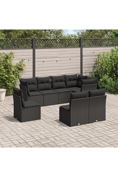 vidaxl طقم كنب حديقة مكون من 8 قطع مع وسائد، مصنوع من خشب الروطان الصناعي الأسود