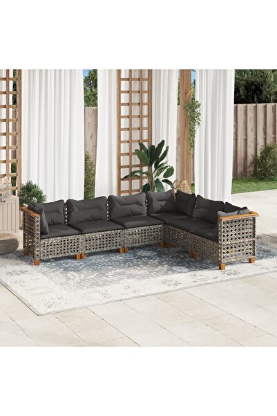 vidaxl طقم كنب حديقة مكون من 6 قطع مع وسائد، مصنوع من خشب الروطان الصناعي الرمادي