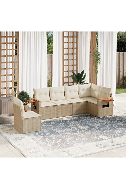 vidaxl طقم كنب حديقة مكون من 6 قطع مع وسائد، لون بيج، مصنوع من البولي راتان