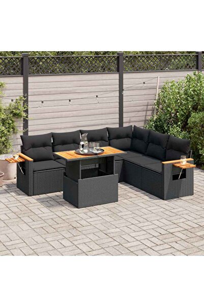 vidaxl طقم كنب حديقة مكون من 6 قطع مع وسائد، مصنوع من البولي راتان الأسود وخشب الأكاسيا