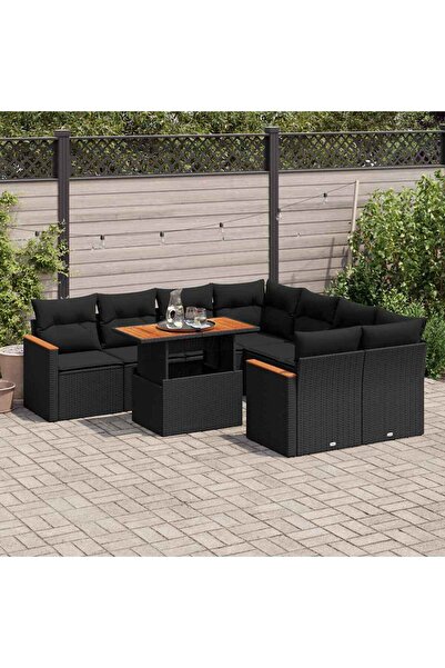 vidaxl طقم أريكة حديقة مكون من 9 قطع مع وسائد، مصنوع من البولي راتان الأسود و...