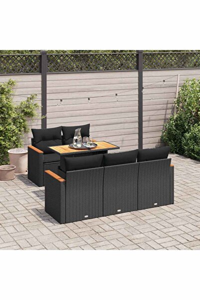 vidaxl طقم كنب حديقة مكون من 6 قطع مع وسائد، مصنوع من البولي راتان الأسود وخشب الأكاسيا