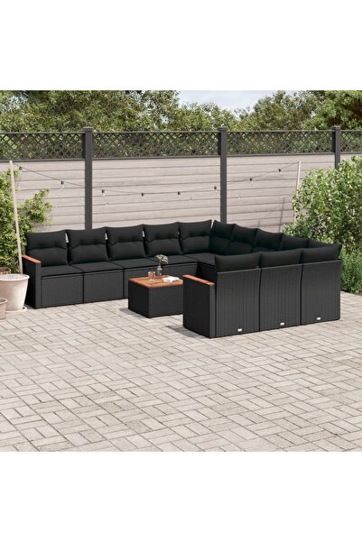 vidaxl طقم أريكة حديقة مكون من 12 قطعة مع وسائد، مصنوع من خشب الروطان الأسود.