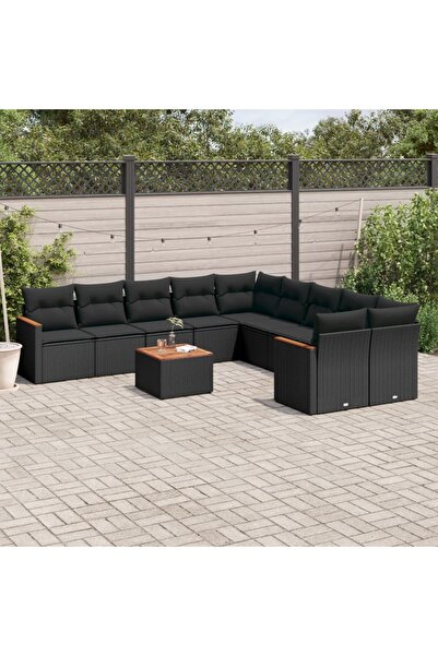 vidaxl طقم أريكة حديقة مكون من 11 قطعة مع وسائد، مصنوع من خشب الروطان الأسود.