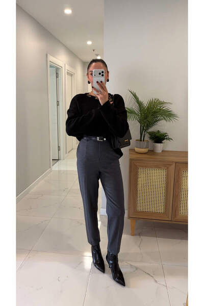 BİRCANÇİL Dlvin Zedla Gray Belted High Waist Trousers