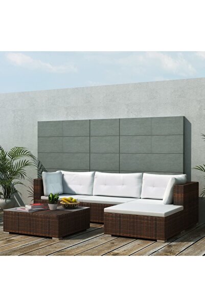 vidaxl طقم صالة حديقة مكون من 5 قطع مع وسائد من البولي روتان بني