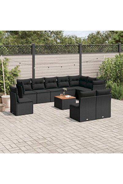 vidaxl طقم أريكة حديقة مكون من 11 قطعة مع وسائد، مصنوع من خشب الروطان الأسود.
