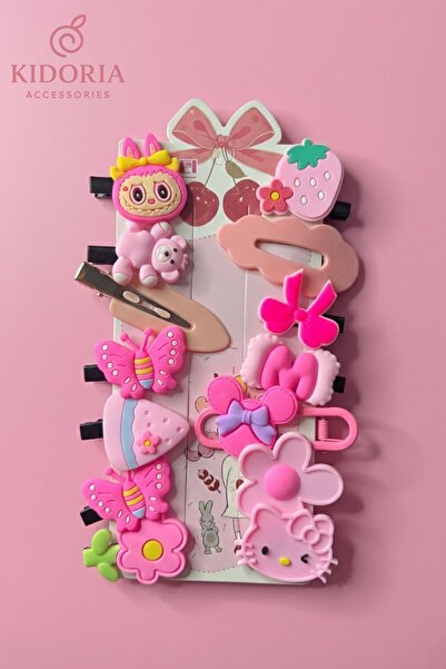 Kidoria 10’lu Pembe Karakter ve Çilek Figürlü Çocuk Toka Seti - Hello Kitty v...