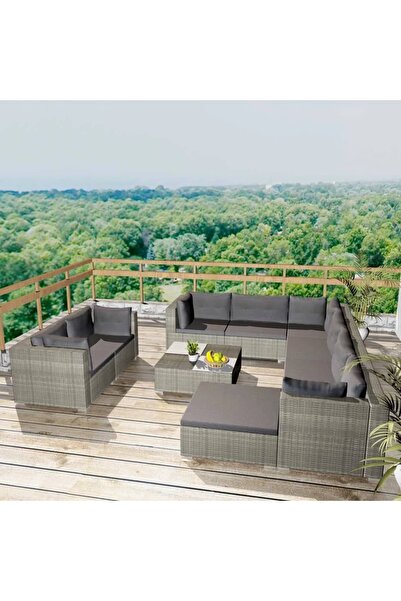 vidaxl طقم أثاث حديقة مكون من 10 قطع مع وسائد من الروطان الصناعي باللون الرمادي