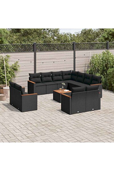 vidaxl طقم أريكة حديقة مكون من 12 قطعة مع وسائد، مصنوع من خشب الروطان الأسود.