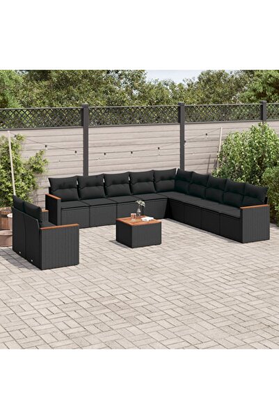 vidaxl طقم أريكة حديقة مكون من 12 قطعة مع وسائد، مصنوع من خشب الروطان الأسود.