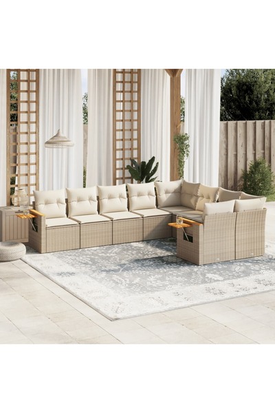 vidaxl طقم كنب حديقة مكون من 9 قطع مع وسائد، لون بيج، مصنوع من البولي راتان