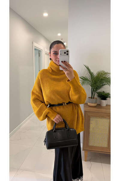 BİRCANÇİL ديلفين جولا - تريكو كبير الحجم بياقة صياد السمك بلون الخردل