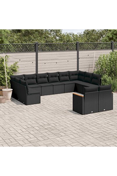 vidaxl طقم أريكة حديقة مكون من 12 قطعة مع وسائد، مصنوع من خشب الروطان الأسود.