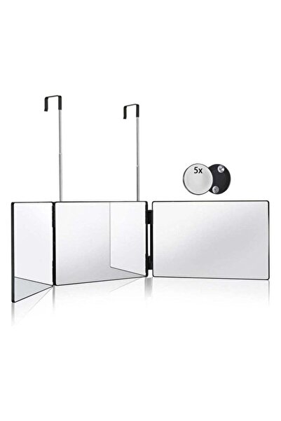 Bukela مرآة قص شعر ثلاثية الاتجاهات، مرآة ثلاثية الطي بزاوية 360 درجة مع خطاف تلسكوبي قابل لتعديل الارتفاع، عدسة مكبرة 5x