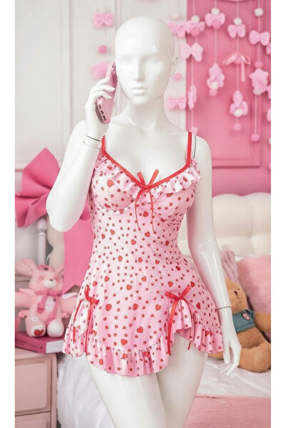 Nightlight Trend Kadın Pembe Kalp Desenli Fırfırlı Saten Babydoll Gecelik - 3701