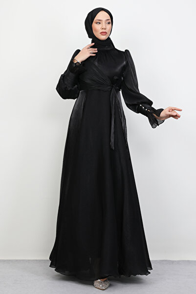 Lamia Giyim Fiyonk Detay İpek Abiye Siyah