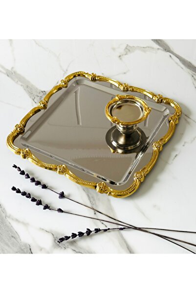 Melinda Fiore Kare Tepsi- Fiore Lokumluk Gold-Gümüş Çay Kahve Servis Sunum Tepsisi (21x21)
