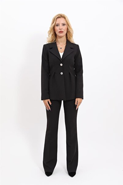 ÖNDER ÖZSOY Pleated Modern Jacket & Flared Pants Women's Suit -Black