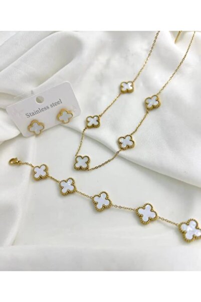 GUNESTAKI Gold Beyaz Çelik Kolye Bileklik Küpe Seti 3lü